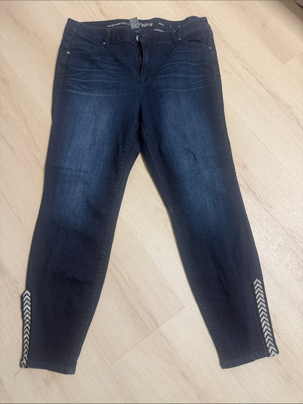 Avenue Dark Indigo Stretch Jeggings with Chevron Ankle rhinestone detail